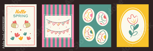 Happy easter day greeting card set. Hand drawn of flat outline cartoon with flowers, eggs, leaves, typography on colorful background. Vector illustration for vertical poster, banner, social media.