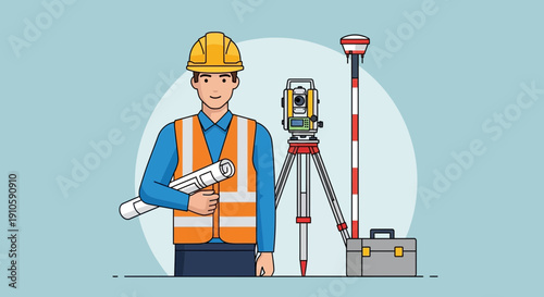 Professional Surveyor Holding Plans with Total Station Illustration