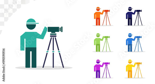 Surveyor icon set Professional Engineer using Total Station on Tripod