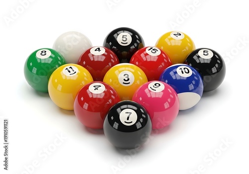 Assorted billiard balls arranged in a triangle formation on a white background