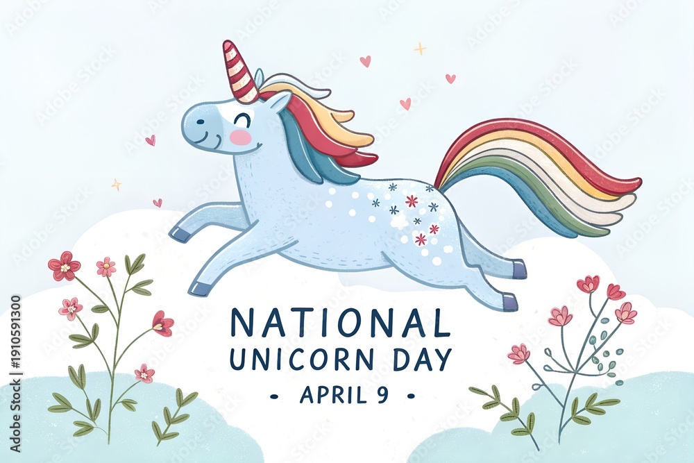 Obraz premium Delightful illustration celebrating national unicorn day on april ninth featuring a joyous light blue mythical horse with rainbow mane and tail jumping happily above flowers.