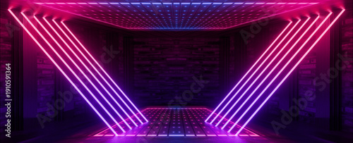 Red and blue neon lights in a dark room made of concrete and old brick. Dark room with neon. 3D rendering Illustration