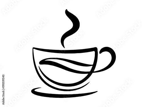 A minimalist black line art vector illustration of a steaming coffee cup silhouette featuring elegant brush strokes as a clean cafe logo or beverage icon, isolated on transparent background.