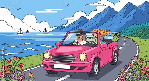 Couple Driving Pink Convertible on Coastal Scenic Road Trip