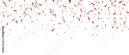 Shiny red confetti ribbon falling on transparent background, for party, celebration, New Year, wedding, or Valentine’s Day design with realistic festive ribbon effect.	
