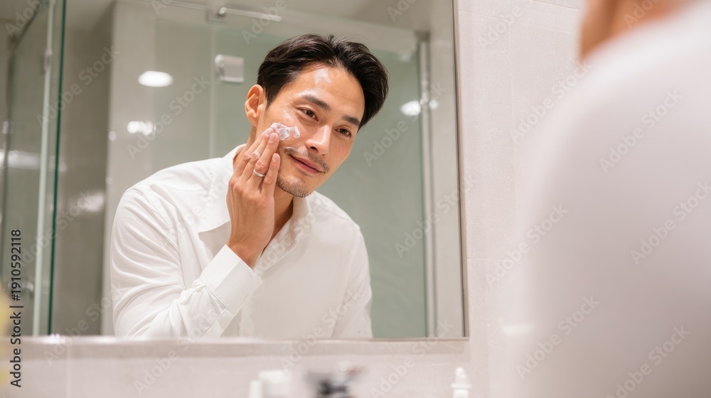 Fototapeta premium Asian man applying face cream during morning routine