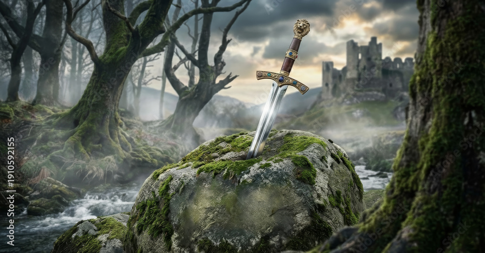 Obraz premium Excalibur is the legendary magical sword of King Arthur, often associated with his rightful sovereignty and famously retrieved from either a stone or the Lady of the Lake, stock illustration