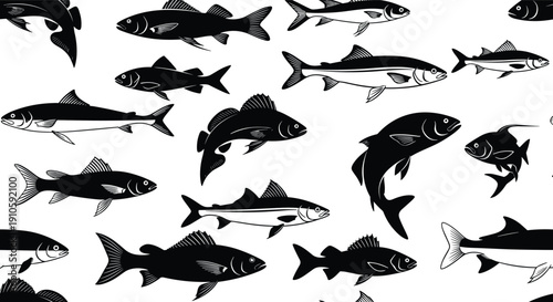 Fish silhouette illustration set, twenty black icons varied patterns fins scales orientations aquatic design, vector artwork, marine and nature theme, isolated background
