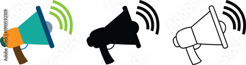 Megaphone Announcement Icon – Loudspeaker Marketing Symbol (Flat, Glyph, Line)