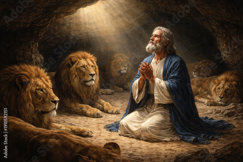 Daniel in the lions den old testament bible story of prophet Daniel saved by God after praying despite King Darius decree in Babylon captivity, religious stock  illustration