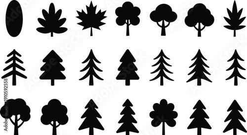 Tree silhouette illustration set, twenty black icons varied foliage broadleaf conifer rounded shapes botanical design, vector artwork, nature and environmental theme, isolated background