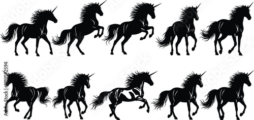 Unicorn silhouette illustration set, ten black icons galloping trotting motion sequence fantasy horse design, vector artwork, mythology and imagination theme, isolated background