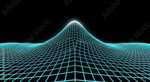 Futuristic neon gridscape, mountain-like, with glowing apex against starry background