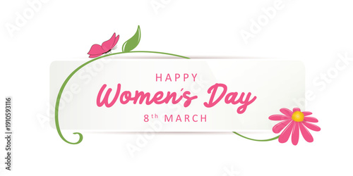 international womans day on 8th march white label with pink butterfly and flower vector illustration