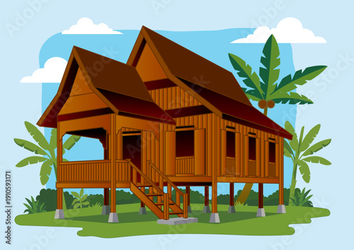 Traditional Malay Kampung House Illustration with Coconut Palms