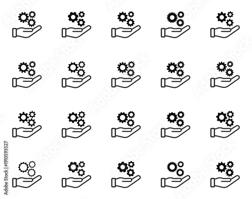 Outline icon set of a hand holding gears isolated on white background. Simple line vector symbols representing service, support, settings, maintenance and technical solutions for business and technolo