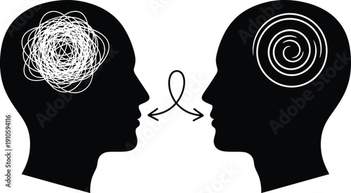 Two people communicating effectively with organized and disorganized thoughts