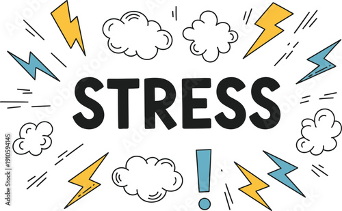 Stressful emotions with lightning bolts and clouds
