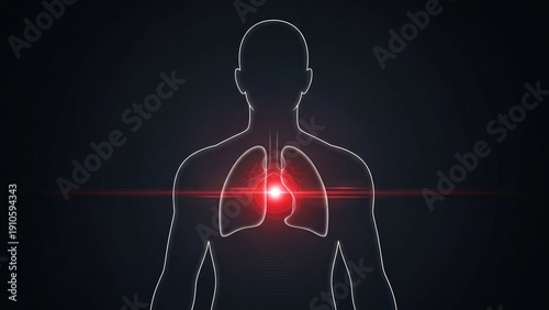 Outline of human silhouette with glowing lungs and heart indicating pain or disease