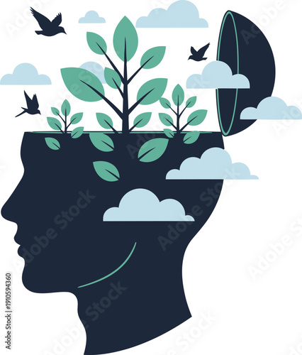 Mental health concept with human head profile, green leaves and clouds growing from open mind, psychology and personal growth vector illustration