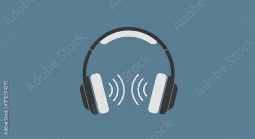 Black and white headphones with sound waves on blue background symbolizing music and audio technology