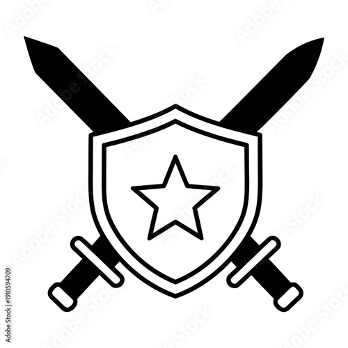 Shield with star and crossed swords icon symbolizing protection and strength