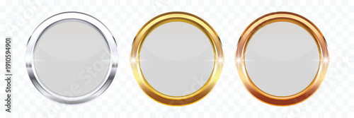 Gold Silver and Bronze Round Button Frames – 3D Glossy Metallic Circle UI UX User Interface Borders Isolated on Transparent Background Vector Illustration