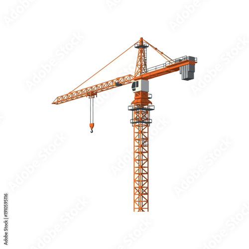 Large orange construction crane tower with jib and hook isolated on white background illustration