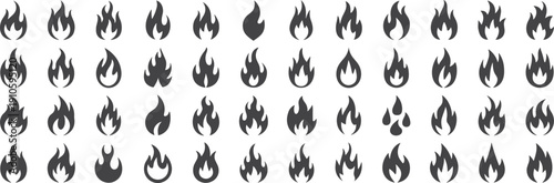 Collection of black fire flame silhouette vector icons set isolated on white background for safety design, heat symbols, warning signs, logos, and creative graphic projects