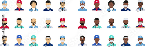 Doctors icons in uniform. Flat style men. Vector illustration