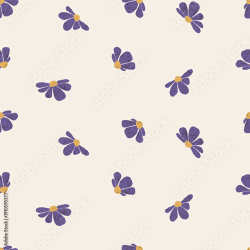 Seamless Floral Pattern With Hand-Drawn Abstract Blooming Purple Flowers And Textured Crayon Hatching on Light Background. Vector Square Illustration