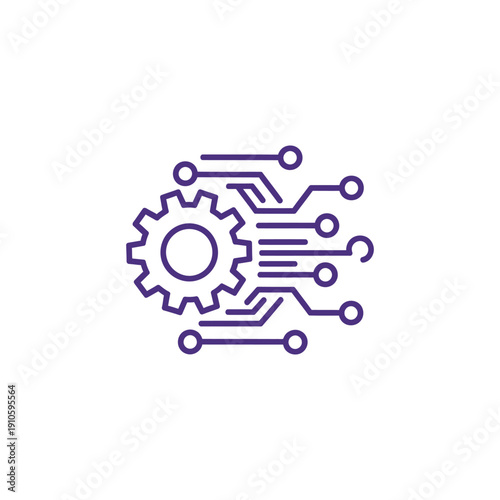 Purple gear icon with circuit board lines and dots on a white background illustration.