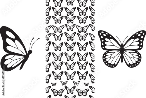 Abstract modern seamless pattern of monarch butterfly contours on white background for decoration design. Closeup design element black butterfly. Side view vector icon