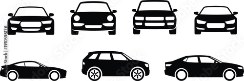 Collection of black car silhouette vector icons showing front and side views isolated on white background for automotive design, transport branding, websites, and creative projects