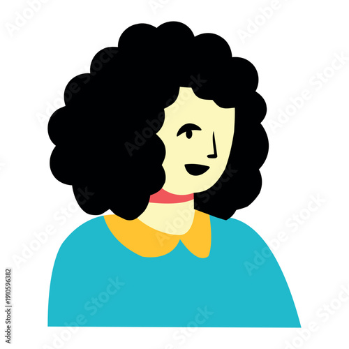 Smiling woman with curly hair in colorful outfit