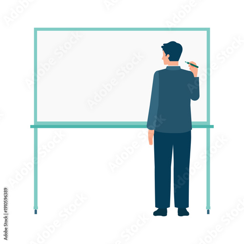 Rear view full body businessman writing on whiteboard for explanation brainstorming and idea organization concept