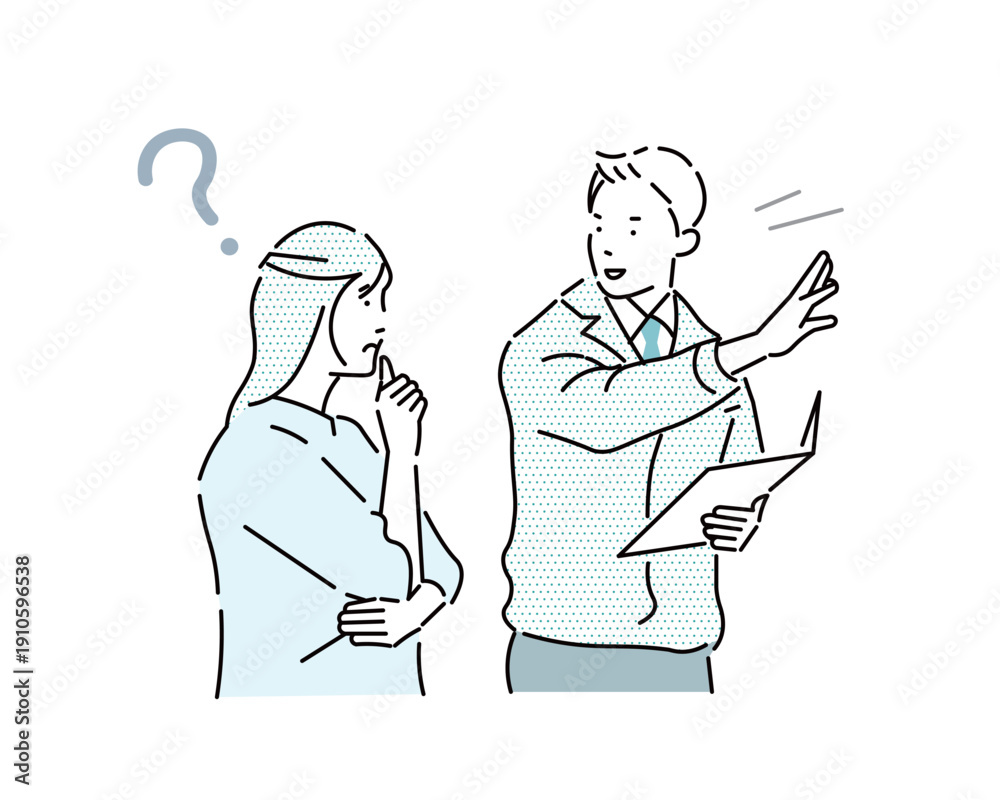 Fototapeta premium 作業服を着たビジネスマンが見積もりをお客に説明するイラストー営業ー契約ー困った女性ー疑問を持つ女