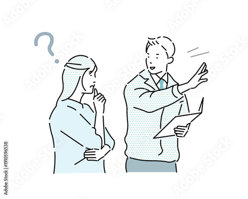 作業服を着たビジネスマンが見積もりをお客に説明するイラストー営業ー契約ー困った女性ー疑問を持つ女
