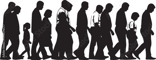 People walking together in a single file line, vector silhouette illustration line art