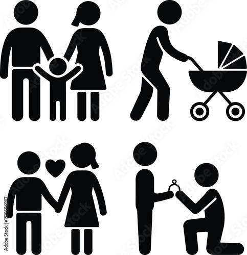 Set of black and white family life cycle icons representing love, marriage, and parenthood