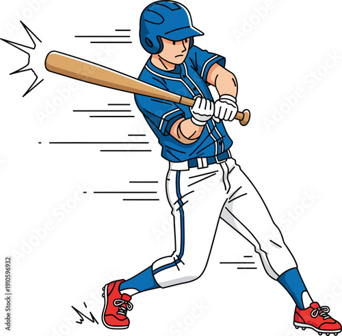 Dynamic cartoon baseball player in a blue uniform swinging a wooden bat with powerful motion lines.
