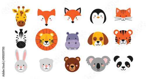 Collection of various cute cartoon animal faces, including a giraffe, fox, penguin, cat, zebra, lion, hippo, dog, tiger, rabbit, sheep, bear, koala, and panda.