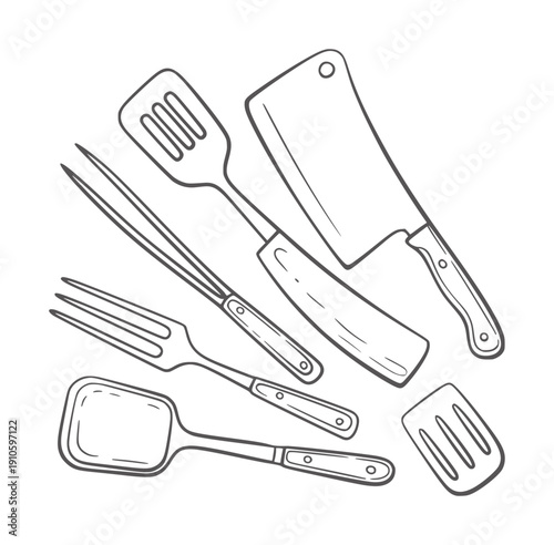 Hand drawn black and of barbecue cooking utensils cleaver fork