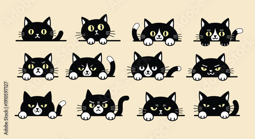 Collection of Adorable Black Cats with Various Expressions Peeking Over a Ledge.