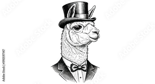 Elegant Llama in Top Hat and Bow Tie Hand-Drawn Illustration.
