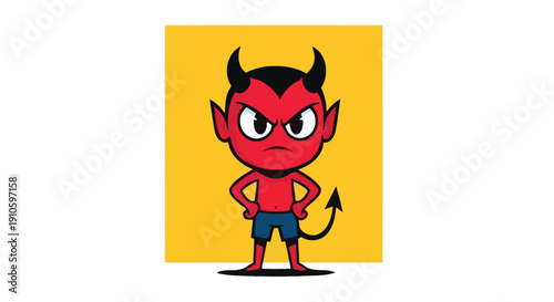 Cute cartoon red devil character with horns and tail.