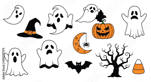Halloween themed cartoon illustrations featuring ghosts, pumpkins, bats, witch hats, and spooky trees.