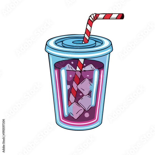 A refreshing cold beverage with ice cubes and a striped straw in a clear plastic cup with a blue lid.