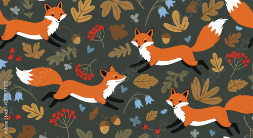Playful red foxes running through a vibrant autumn forest.