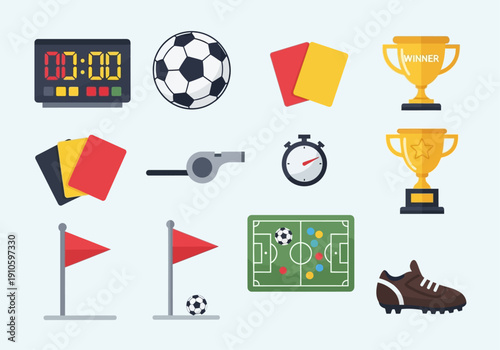 Clean modern flat vector soccer icon set, colorful sports equipment icons in simple geometric style